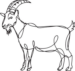 A minimalist black linear sketch of a goat in continuous line art style isolated on a white background in vector format