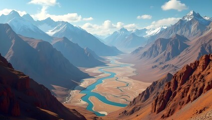 Majestic Mountain Valley with Turquoise River and Snow-Capped Peaks