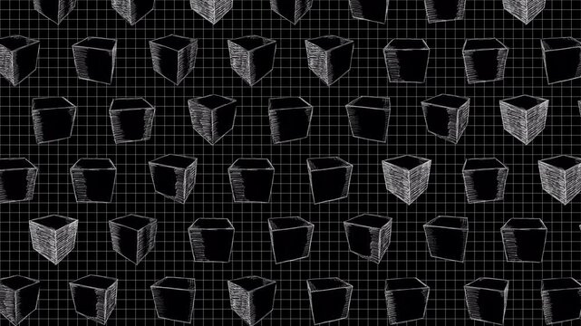 A looping background pattern of hand drawn sketch style spinning shapes in a white outline on a black background.