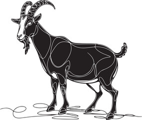 A minimalist black linear sketch of a goat in continuous line art style isolated on a white background in vector illustration