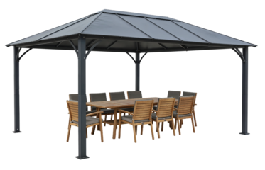 Large metal pavilion with wooden dining table and chairs for outdoor gatherings, isolated on a transparent background