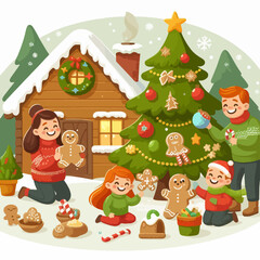 Family is having fun decorating a Christmas tree and making gingerbread cookies near a cozy wooden cabin.