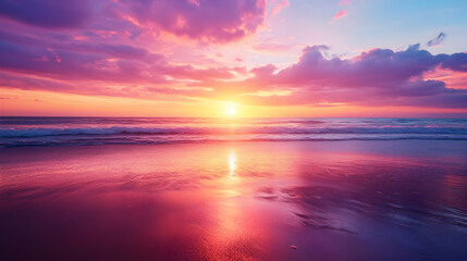 Fototapeta premium Pink Sunset over the Ocean Beach: Vibrant Colors and Tranquil Scene