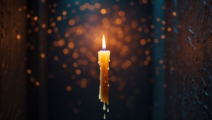 A single candle flame burns brightly, casting warm light against a dark, textured background with