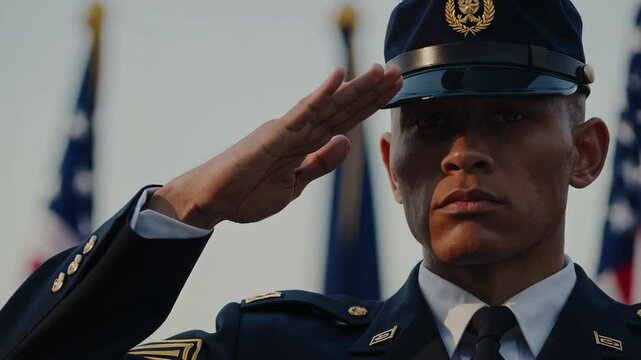 Proud american soldier in uniform saluting the united states flag, a powerful symbol of national pride, honor, and service, commemorating veterans day, memorial day, or independence day - Powered by Adobe