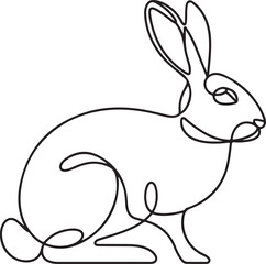 A vector illustration of a black linear design of a rabbit or hare in continuous line art drawing style isolated on a white background