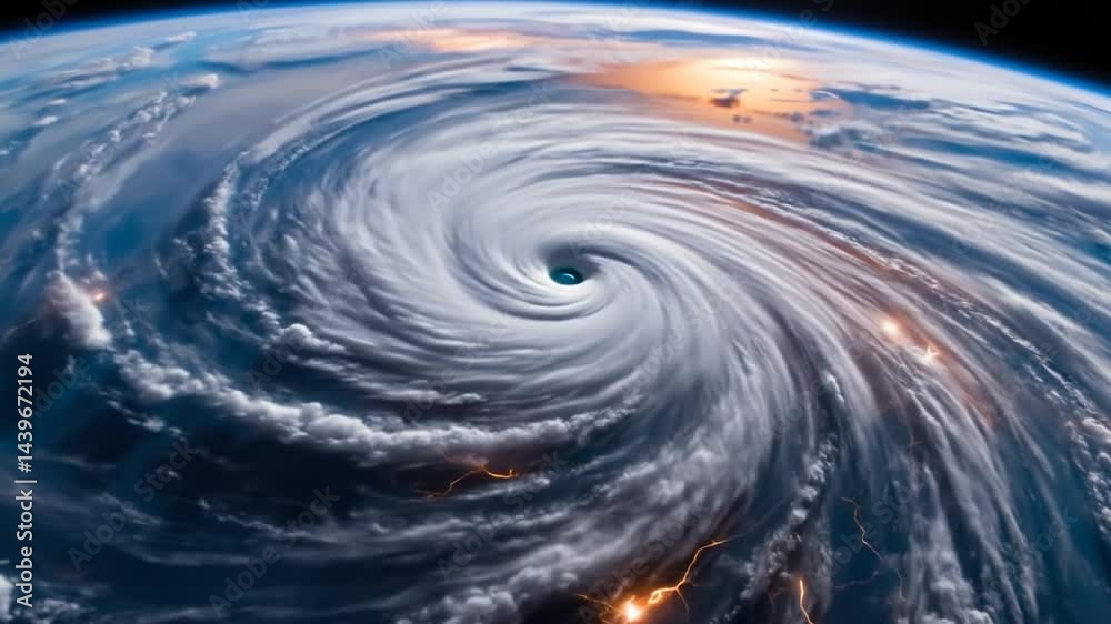Poster a stunning aerial view of a hurricane, featuring a swirling cloud formation with a defined eye and c