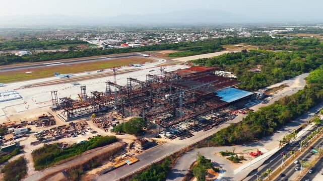 Construction site of terminal two of puerto vallarta airport, mexico, aerial view