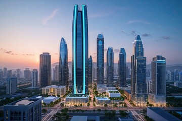 Innovative Urban Skyline Featuring Hydrogen Fuel Solutions in a Smart City Landscape