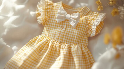 Charming Yellow Gingham Dress with Bow for Children’s Fashion