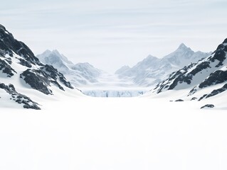 Serene Winter Landscape Snow Covered Mountains and Glacier Valley A Breathtaking View of a Majestic Glacial Scene