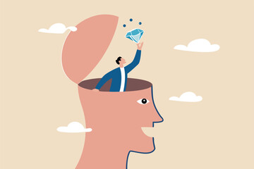 Self discovery, finding yourself searching for self value, success dream or meaning of life, exploration, inner or inside concept, happy businessman succeed finding valuable diamond inside his head.