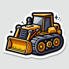 Stylized cartoon drawing of a bulldozer, presented as a sticker graphic design, featuring a vibrant color scheme.
