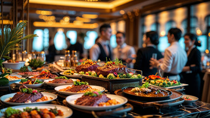 A beautifully arranged buffet table with various dishes, perfect for a special occasion or event.