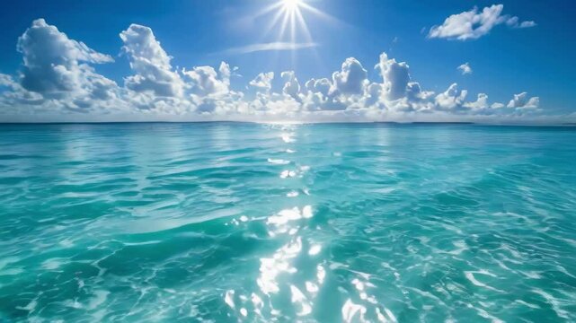 A beautiful blue ocean with a sun shining on the water. The sun is reflected in the water, creating a sparkling effect. The sky is mostly clear, with only a few clouds scattered throughout