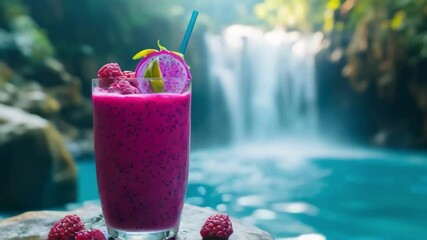 A glass of pink drink with a straw and a slice of lime on top. The drink is served in a beautiful natural setting with a waterfall in the background - Powered by Adobe