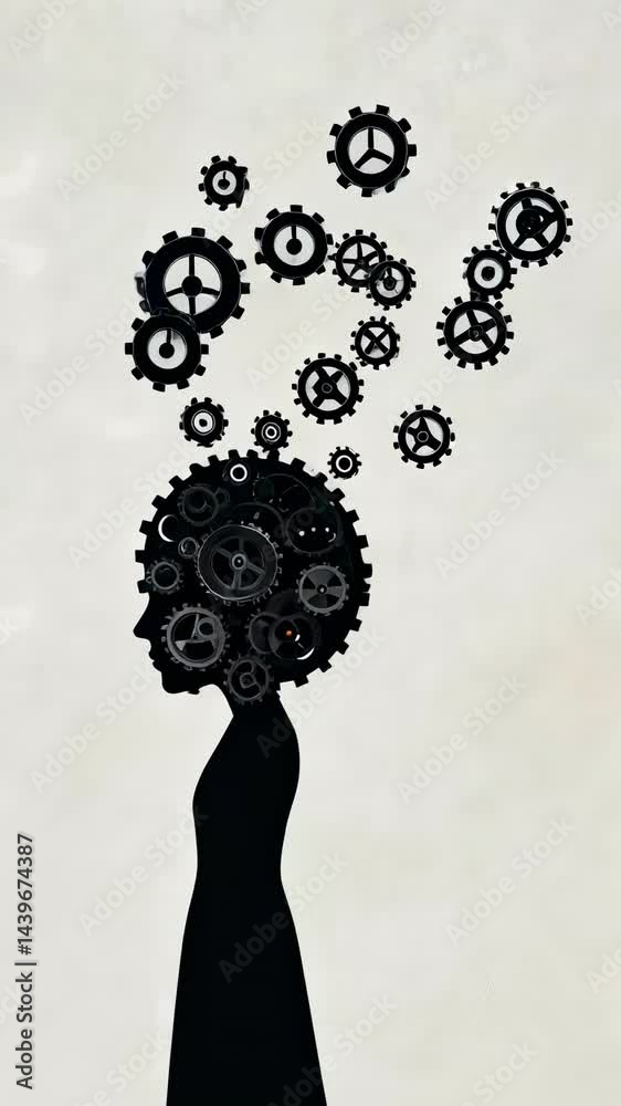 Poster creative concept of brainstorming and idea generation, showing a woman silhouette gradually filling 