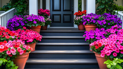 Fototapeta premium Vibrant Petunia Planters Adorn House Entrance