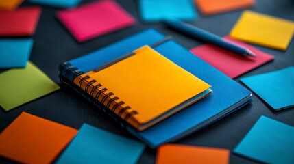 Colorful Sticky Notes and Notebooks on a Dark Wooden Table