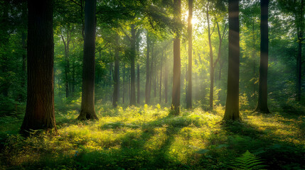 Obraz premium Sunbeams in the Forest: A Serene Landscape