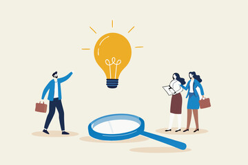 Business insights intelligence information for competitive advantage and win competition, discover business outlook concept, business people team looking at lightbulb floating from magnifying glass.