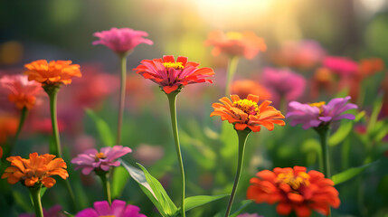 Obraz premium Vibrant Zinnia Flowers in a Sunlit Garden