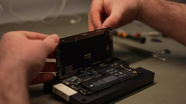 Ufa, Russia - 26 February 2025. Close-up of technician male using suction cups to carefully replace broken smartphone screen or battery during repair process in workshop. Concept of phone service.