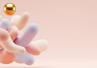 Golden Sphere Above Pastel Abstract Shapes on a Light Pink Textu