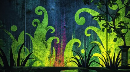 Colorful graffiti art with nature theme on textured wall featuring plants and swirling shapes