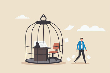 Break free, quit exhausted day job to start new business, escape for freedom, resign from toxic workplace or retirement concept, confidence businessman break free from toxic working desk bird cage.