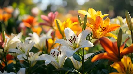 Naklejka premium Stunning Colorful Lilies in a Vibrant Garden