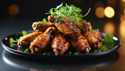 Fototapeta premium A tempting heap of grilled chicken wings glistening on a black plate, garnished with fresh