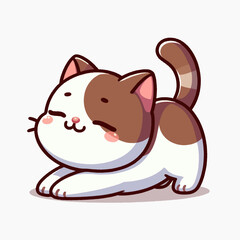 Digital rendering of a charming cartoon kitten, positioned in a playful stretching pose.  Its design features simplified shapes and expressive features.
