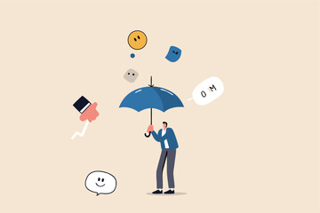 Handle business criticism, scold or negative feedback, manage boss blame, pressure, failure or mistake ashamed concept, confidence businessman hold strong umbrella protect from negative feedback.