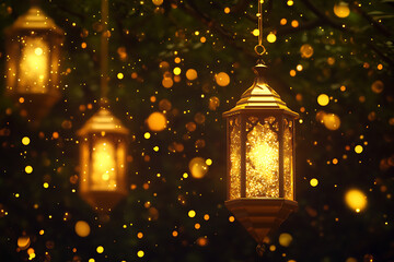 Obraz premium Glowing lanterns illuminate a magical evening, surrounded by shimmering bokeh lights
