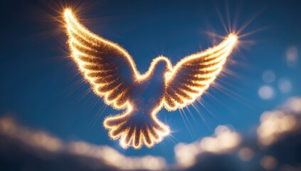 Glowing, stylized golden dove soars through a blue sky with soft clouds below, radiant light