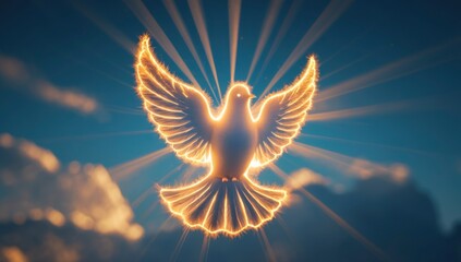 Radiant dove soars against a blue sky, its form outlined with glowing light and ethereal beauty.