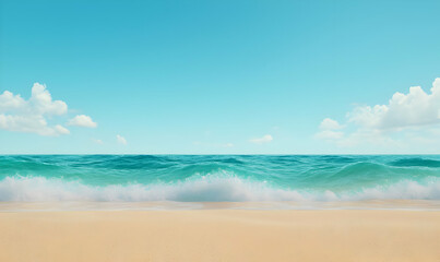 Obraz premium Clear Blue Sky and Waves Crashing on Sandy Beach Shoreline