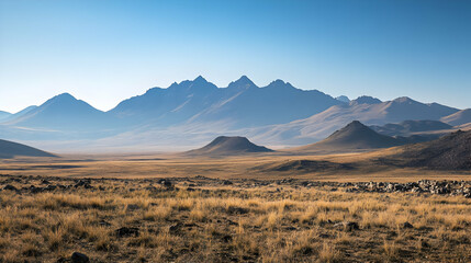 Naklejka premium Majestic Mountain Range and Steppe Landscape: A Panoramic View of Serenity