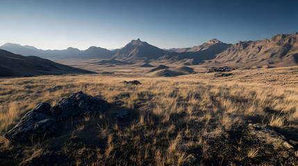 Naklejka premium Majestic Mountain Range and Serene Grassland at Golden Hour