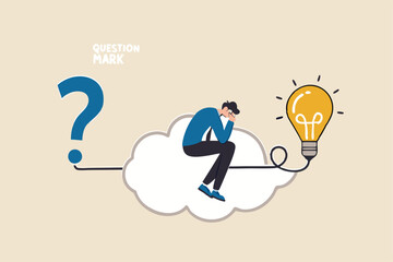 Problem solving skill, critical thinking or finding solution to solve problem, answer question, creativity or imagination, businessman on thinking bubble connect question mark to lightbulb solution.