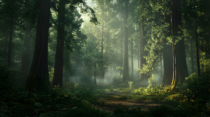 Obraz premium Misty Forest Path: A Serene Landscape Photography