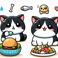 Fototapeta premium Two stylized cats, one with a burger and the other with a mixed dish, are depicted happily eating.