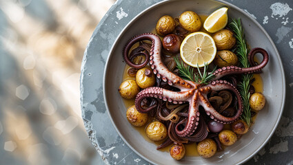 Grilled octopus with roasted potatoes and lemon garnish, served in a rustic, elegant style.