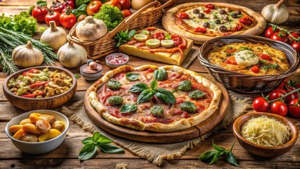 Fototapeta premium A Rustic Tabletop Display Featuring an Array of Deliciously Prepared Pizzas, Alongside Fresh Vegetables and Savory Side Dishes.