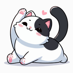 Obraz premium Digitally rendered, cartoonish image of a pleasantly plump cat with black and white coloring, displaying a joyful, playful pose.