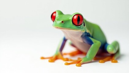 Fototapeta premium Single red-eyed tree frog on pure white backdrop, isolated, close-up, studio shot