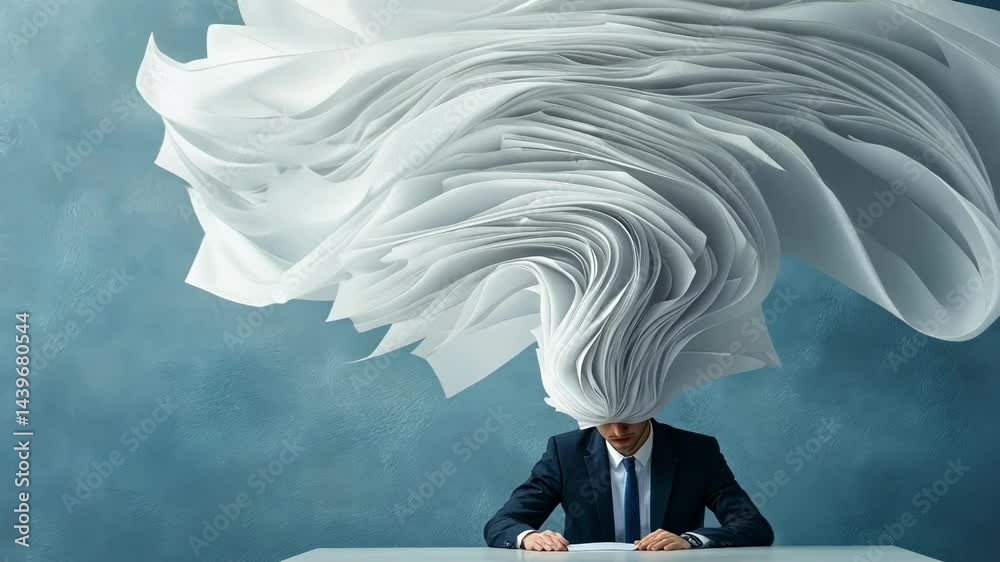 Poster Office worker managing large amounts of paperwork is stressed out by excessive workload, experiencing information overload and struggling with bureaucracy