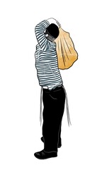 Hand-drawn illustration of an Orthodox Jewish boy carrying a large yellow plastic bag over his shoulder. Dressed in a striped shirt and black pants, shown from side in a minimalist style.