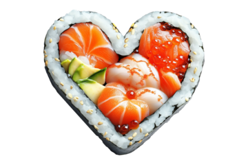 Creative heart shaped sushi roll with salmon, avocado, and roe isolated on white transparent background. Concept of love and Japanese cuisine